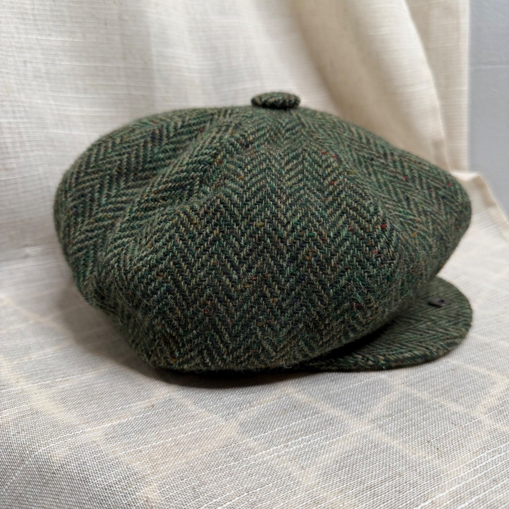 Aran Sweater Market Newsboy Cap Tweed Herringbone 100% Wool Green Mens Large